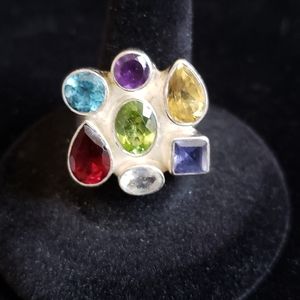 Modern sterling silver and multi gemstone ring